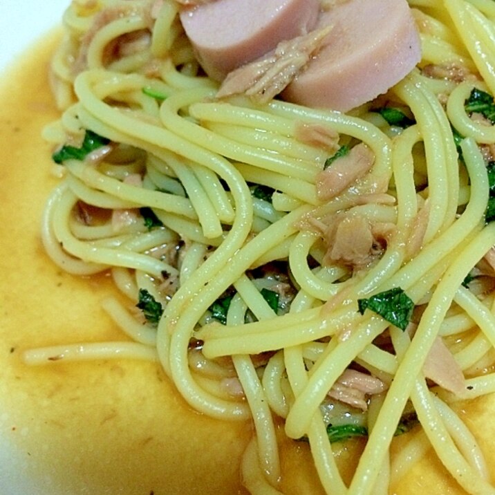 シーチキン＆魚肉ソーセージの麺つゆパスタ